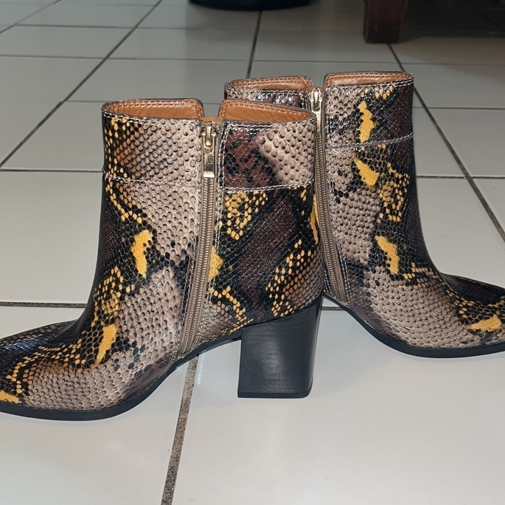 Franco Sarto Snakeskin Block Heel Square Toe Generous Bootie. - Picture 14 of 14